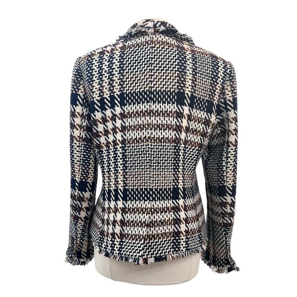 ANN TAYLOR Houndstooth Tweed Fringe Blazer Size 12 - Picture 6 of 14
